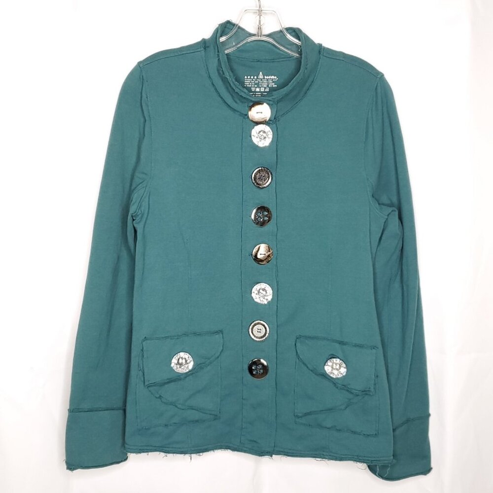 Neon Buddha Jacket Sz S Teal Green Big Buttons Mock Neck Boho Artsy